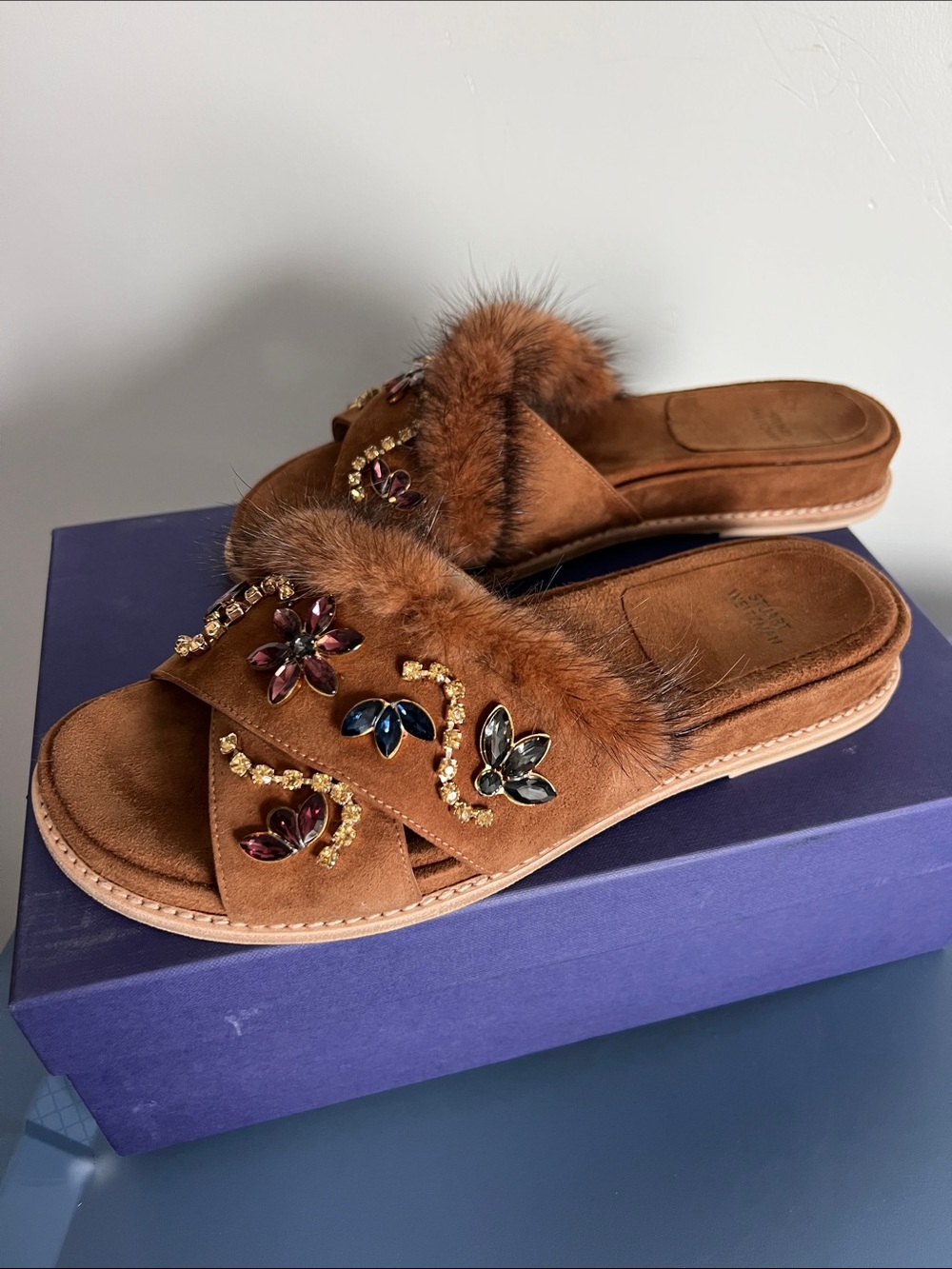 Stuart Weitzman nomedeplume saddle suede leather dyed mink real fur slide sandal